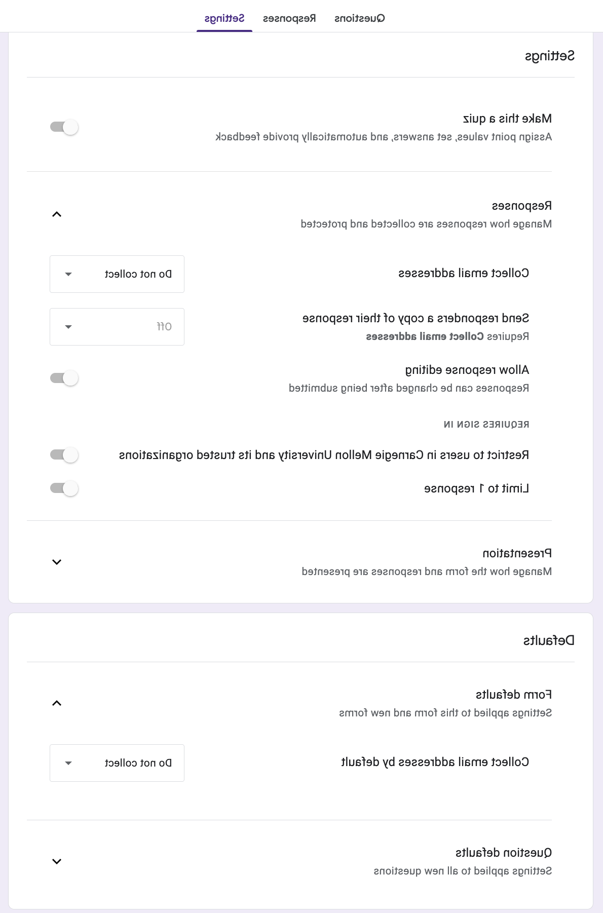 Instructor Survey Template Settings screenshot